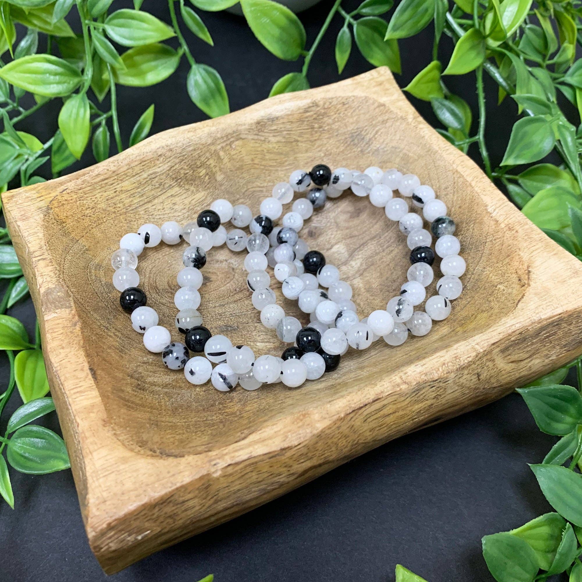 8mm Black Rutilated Quartz Bead Unisex Handmade Stretch Bracelet, photo 3 of 3