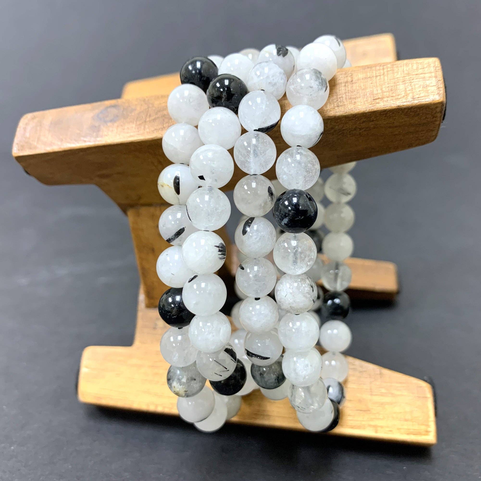 8mm Black Rutilated Quartz Bead Unisex Handmade Stretch Bracelet, photo 2 of 3