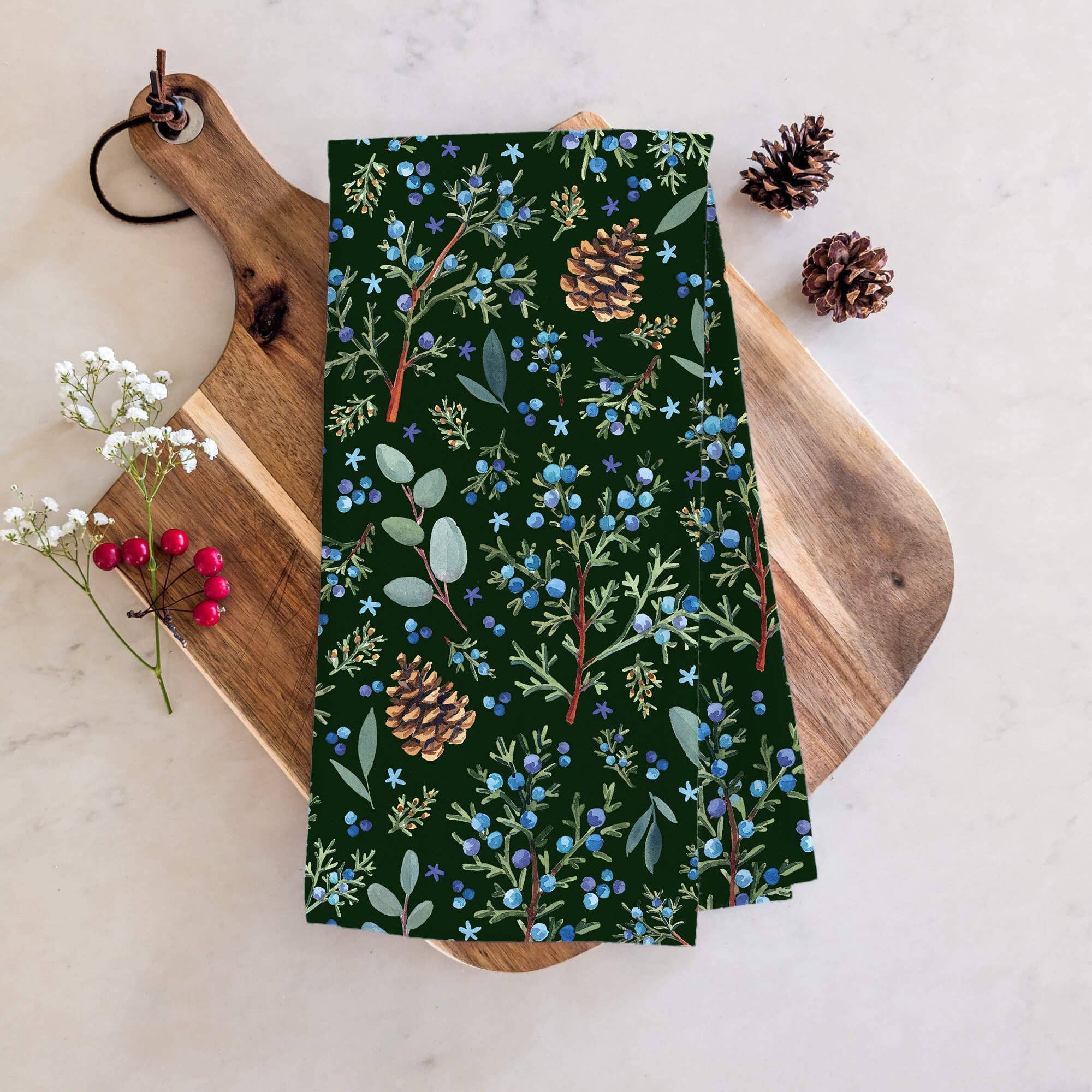 Winter Juniper Tea Towel | Holiday Botanical Kitchen Decor, photo 1 of 6